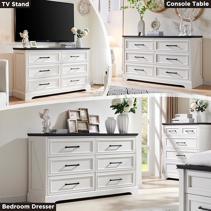 ACCOHOHO Farmhouse 6 Drawer Dresser for Bedroom, 52 Inch Wide Modern Dresser TV Stand with Large Drawers & Bar Handles, Rustic Wood Chest of Drawers for Bedroom, Living Room, Hallway, Off White