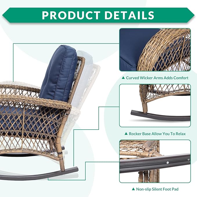 VIVIJASON 5-Piece Outdoor Patio Wicker Conversation Sets, All Weather Outdoor Rattan Furniture Set Includes Glider Loveseat, 2 Coffee Table, 2 Rocking Chairs with Cushions for Backyard, Navy Blue