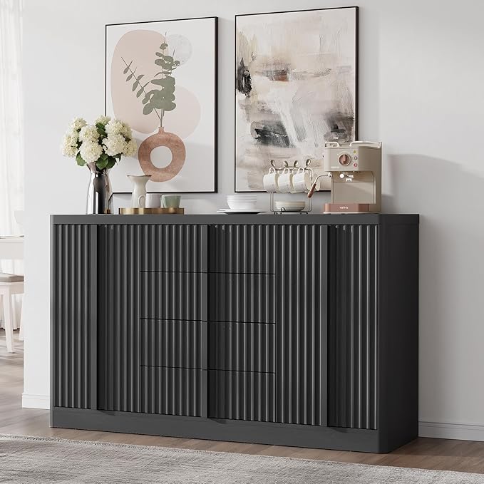 Buffet Cabinet with Storage, 60" Fluted Sideboard with 4 Drawers & 2 Door–Modern Accent Buffet Cabinet with Adjustable Shelves, Credenza Storage Cabinet for Kitchen, Dining, Living Room,Black(1PC)