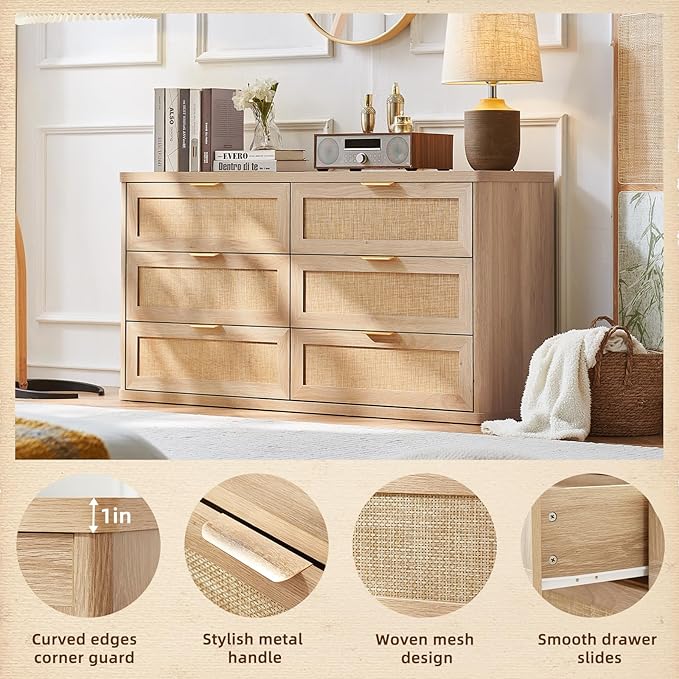 LEYAOYAO Rattan 6 Drawer Dresser for Bedroom, Boho 54" Wide Natural Wood Dresser Chest of Drawers, Dressers TV Stand with Metal Handle, Storage Dressers Closet Organizer for Living Room, Hallway