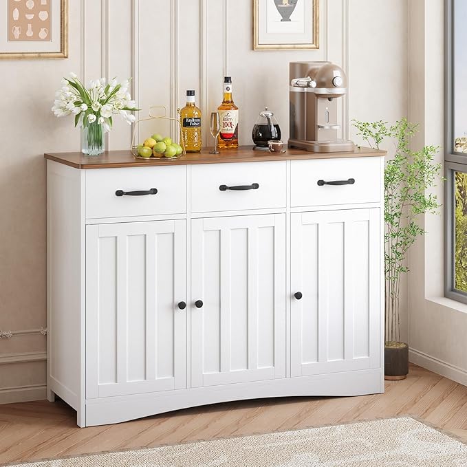 Gizoon Farmhouse Sideboard Buffet Cabinet, 42.5'' Kitchen Storage Cabinets with 3 Drawers and Barn Doors, Wood Coffee Bar Cabinet with Adjustable Shelf for Kitchen, Dining Room, Living Room, Retro