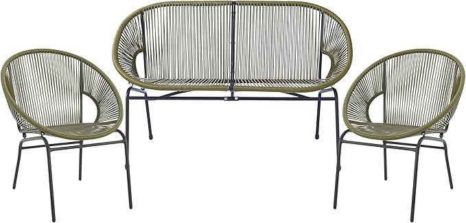 Christopher Knight Home Dessa 3 Piece Patio Furniture Set, Patio Wicker Accent Chair Set of 2 and Loveseat, Metal Frame 4 Seater Outdoor Papasan Lounge Chair Set, PE Rattan Outdoor Bistro Set, Green