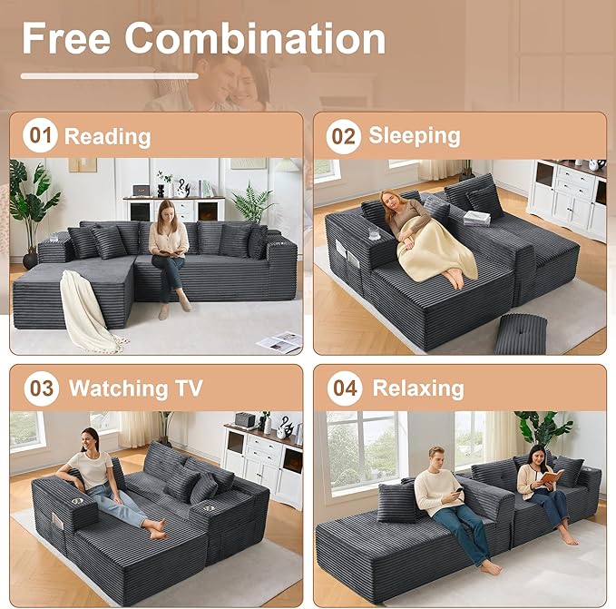 Modular Sectional Sofa, L Shaped Comfy Cloud Couch with Deep Seat, Boneless Couch for Living Room, Modern Corduroy Sectional Sofa with Chaise, No Assembly Required, Sofa in A Box, Dark Gray