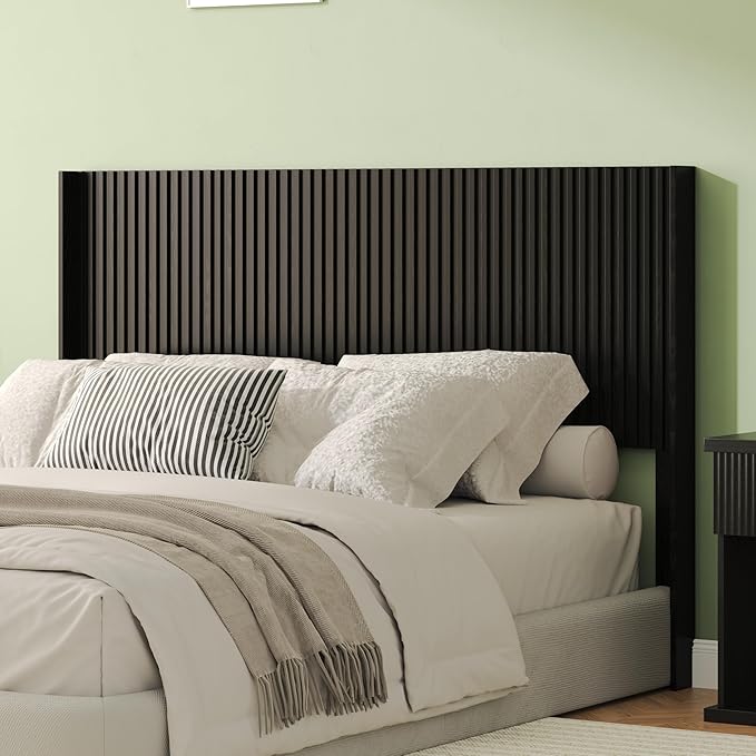 COCO DESIGN Queen Size Headboard Only, 64.3" Wide Wooden Headboard, Mid Century Modern Farmhouse Boho HeadBoard, Wall Mount, Fluted Panel, Wingback Design, Black