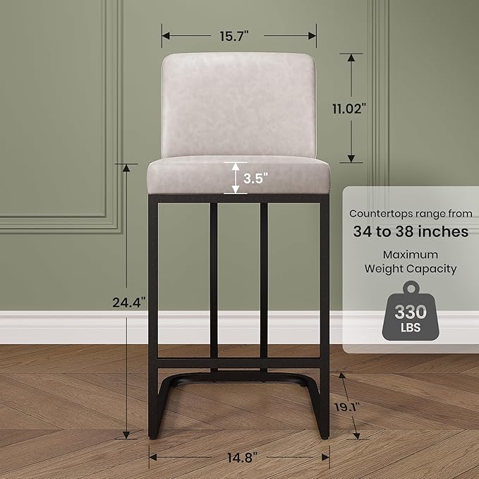 PHI VILLA Light Grey Bar Stools Set of 3, Faux Leather Counter Height Chairs, Kitchen Stools for Island, 24 Inch Barstools with Back