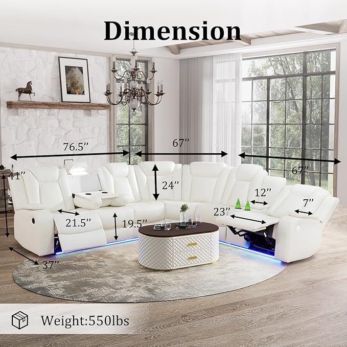 Power Recliner Sectional Couch with LED, Leather Reclining Sofa for Living Room, Muti-Functional Recliner Corner Sectional with Storage Console/Cup Holders/USB Ports (Creamy White, SECTIONAL & CHAIR)