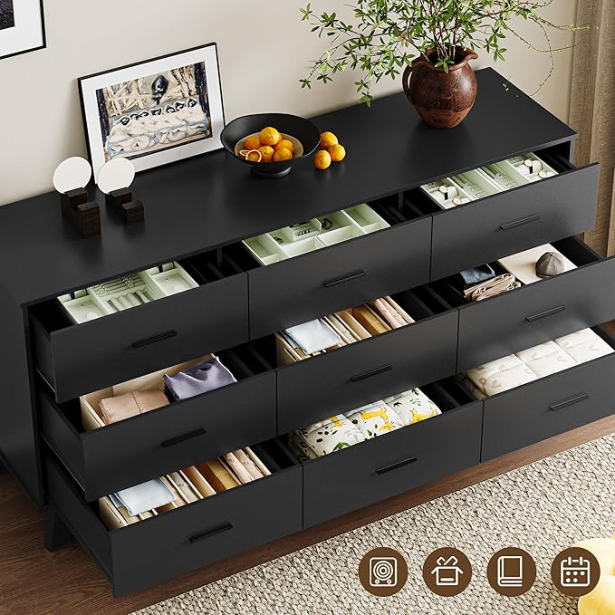 Dresser for Bedroom with 9-Drawer, 59" Wide Modern Chest of Drawers with Metal Handles, X-Shape Base & Adjustable Center Leg, Anti-Tip Closet Organizers and Storage