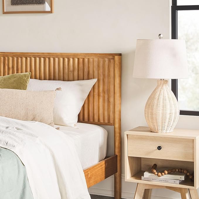 Walker Edison Queen Modern Reeded Headboard Solid Wood Bed, Queen Size, Blonde