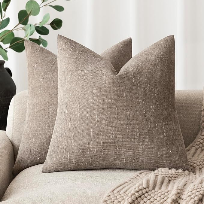 Foindtower Set of 2 Soft Textured Chenille Throw Decorative Pillow Covers Square Accent Solid Cushion Cover Cozy Neutral Farmhouse Pillow Case for Couch Sofa Bedroom Living Room 24x24 Inch,Light Taupe
