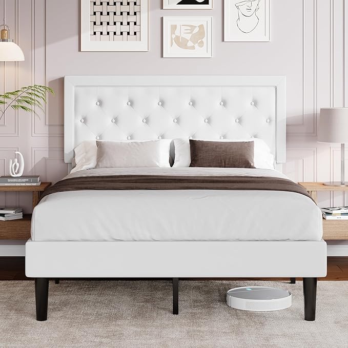 Allewie Full Size Velvet Upholstered Bed Frame with Adjustable Headboard, Diamond Tufted Design, Wood Slat Support, Noise-Free EVA Strip, Easy Assembly, White