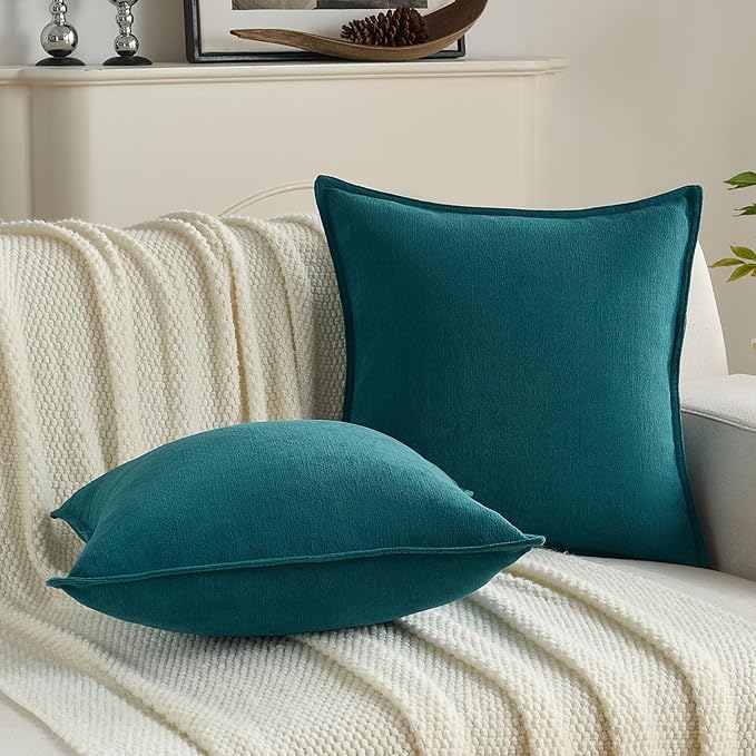 FUTEI Teal Chenille Throw Pillow Covers 24x24 Inch Set of 2,Edges Double-Stitched European Cushion Cases,Modern Home Decor for Couch Living Room