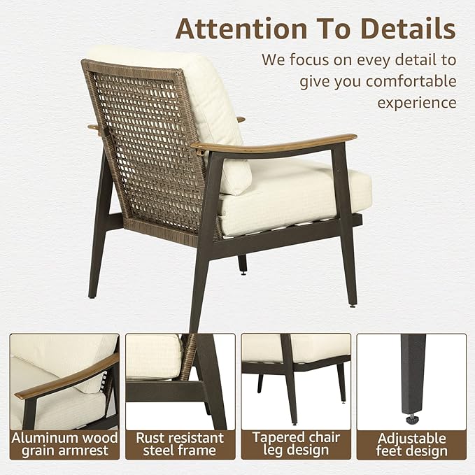 NATURAL EXPRESSIONS Patio Sofa Outdoor Furniture Metal Chair with Wicker Backrest & 6 Inches Cushion for Front, Porch, Deck, Balcony, Backyard, Sunroom, 27"(L) x 29.75"(W) x 33.86"(H).