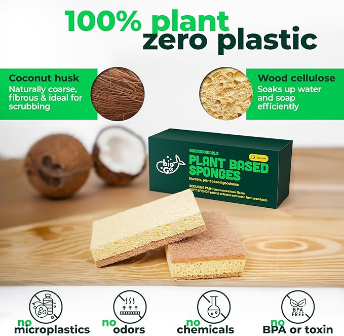 bioGo Biodegradable Kitchen Sponges – Natural Cellulose, Eco-Friendly, Compostable Cleaning Sponges – 24 Pack