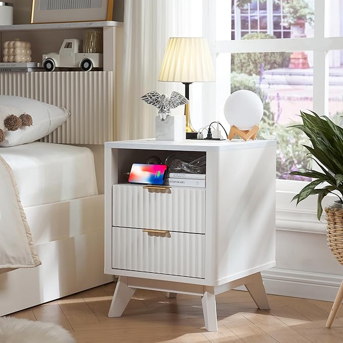 T4TREAM Fluted Nightstand Set of 2 with Charging Station, 18" Modern SideTable with Faux Marble Top, 2 Drawer End Table w/Storage, Bedside Table for Bedroom, Living Room, Curved Profile, Solid White