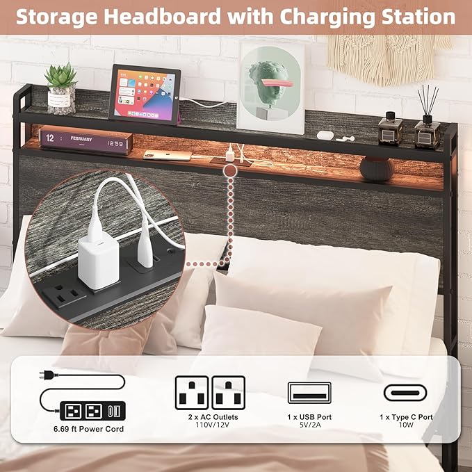 Elephance Headboard for Queen Size Bed Frame with 2 Tier Storage, with Outlets, USB and Type C Ports and LED Light, Height Adjustable, Platform Bed Headboard Only, Easy Assembly