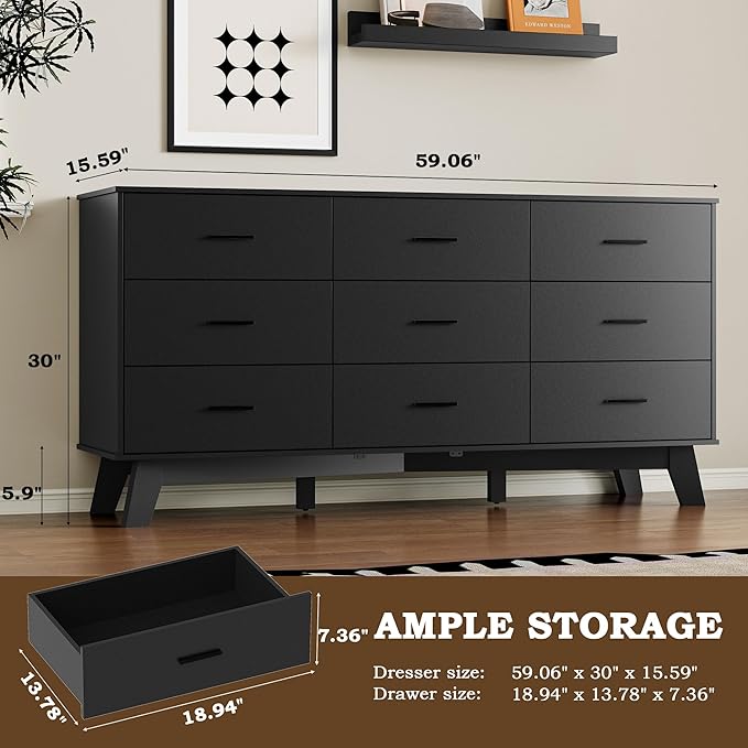 Dresser for Bedroom with 9-Drawer, 59" Wide Modern Chest of Drawers with Metal Handles, X-Shape Base & Adjustable Center Leg, Anti-Tip Closet Organizers and Storage