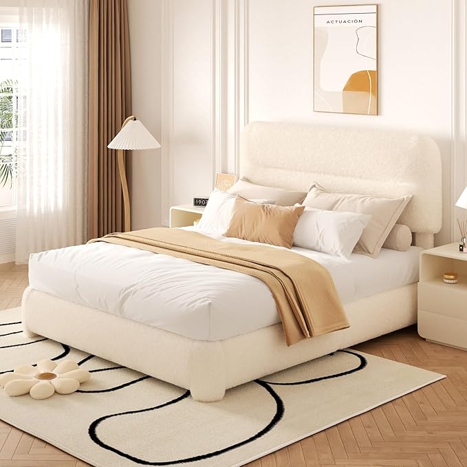 Full Size Cloud Bed Frame, Upholstered Boucle Platform Bed with Adjustable Headboard, Anti-Collision Soft Rounded Corners, Noise Free, Easy Assembly, Cream