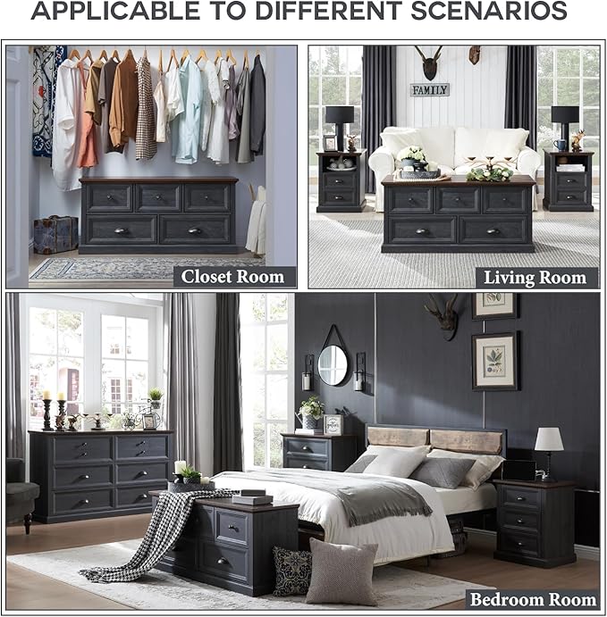Farmhouse 5 Drawers Dresser for Bedroom, 45" Wide Chest of Drawers, 21" Tall Storage Closet Bench Storage Chest Storage Trunk, Wood Rustic Dresser for Closet, Living Room, Hallway, Dark Grey