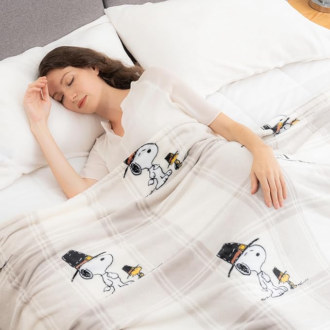 Berkshire Blanket Peanuts® VelvetLoft® Cute Character Snoopy Plush Blanket,Lakeside Plaid Harvest Snoopy and Woodstock Grey,King 90 in x 108 in (Official Peanuts® Product)