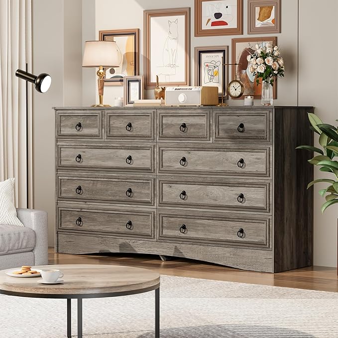 10 Drawers Dresser for Bedroom, 55.2 Inch Wide Large Dressers & Chests of Drawers, TV Stand for 65 inch, Storage Organizer Furniture, Hallway, Entryway, Closet, Brownish Grey