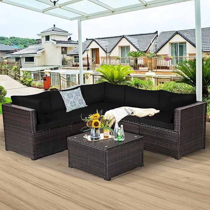 Tangkula 6 Pieces Patio Furniture Set, Outdoor Rattan Sofa Set, Wicker Conversation Set w/Tempered Glass Coffee Table & Cushions, Sectional Sofa Set for Backyard, Garden, Balcony, Poolside (Black)
