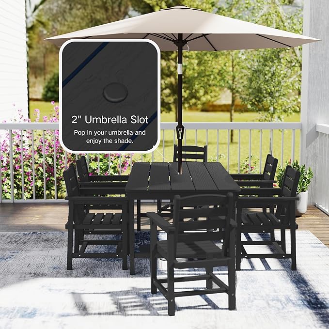 7 Piece Patio Dining Set with 11ft Patio Umbrella (Red), 7 Black Outdoor HDPE Dining Set with 6 Chairs + 1 Large Table with 2" Umbrella Hole, for Market, Pool, Garden, Backyard, Deck