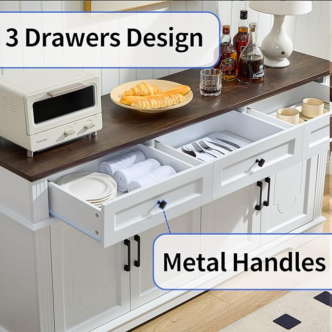 63" White Buffet Sideboard Cabinet with 4 Doors and 3 Drawers, Modern Farmhouse Kitchen Storage Cabinet, Coffee Bar Cabinet with Adjustable Shelves, Living Room Storage, Dining Room