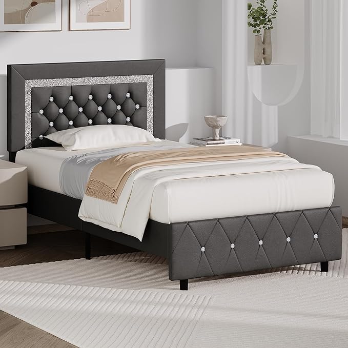 BarnFurin Twin Bed Frame with Diamond Tufted Headboard, Faux Leather Upholstered Bed with Wooden Slats Support, No Box Spring Needed, Mattress Foundation, Easy Assembly, Grey