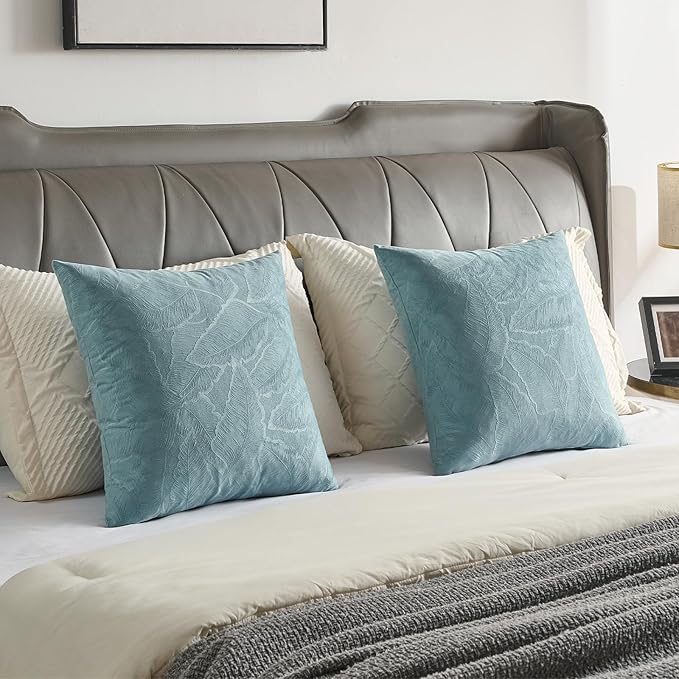 FUTEI Grey Blue Velvet Throw Pillow Covers 18x18 Inch Set of 2,Soft Embossed Leaf-Relief Textured Cushion Cases,Natural Home Decor for Couch Living Room