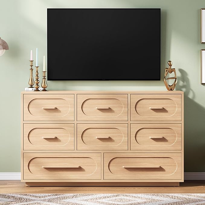 Modern 8 Drawer Dresser for Bedroom, 54" Wide Dressers & Chest of Drawers w/Solid Wood Handle, Wood Mid Century Closet Organizers and Storage Cabinet for Bedroom, Living Room, Hallway, Natural Oak