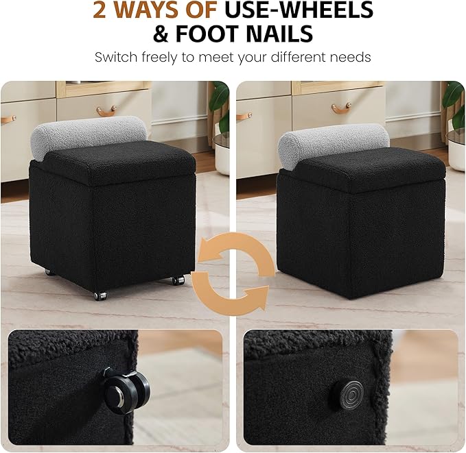 Boucle Vanity Chair with Storage, Swivel Makeup Vanity Chair with Wheels & Safety Hinge, Upholstered Vanity Stool Ottoman for Bedroom, Dressing Room, Black