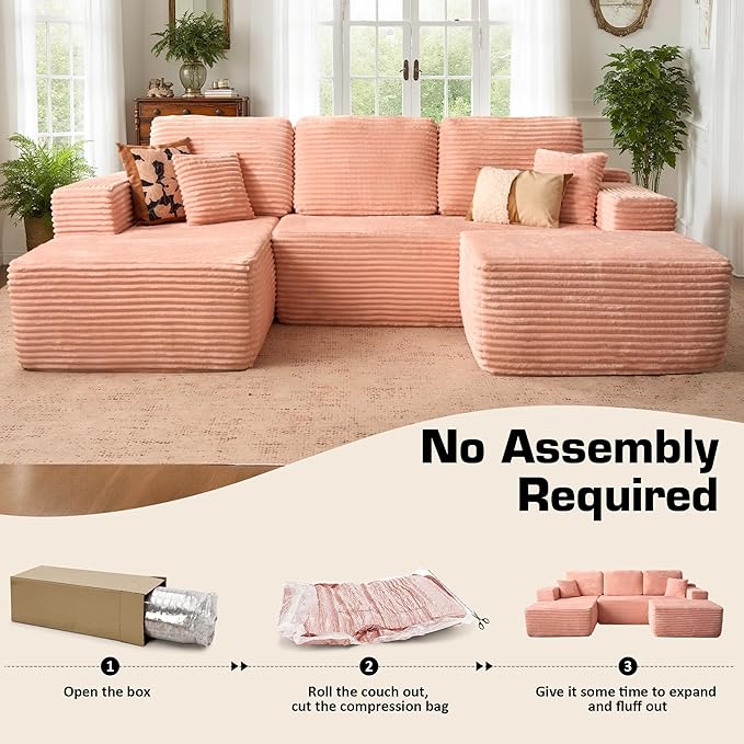 106" Cloud Sectional Couch with L-Shape Chaise & Ottoman, No Assembly Modular Sofa, Deep Seat Plush Corduroy Boneless Couched for Living Room (Pink Plush Corduroy, Left Facing Chaise with Ottoman)