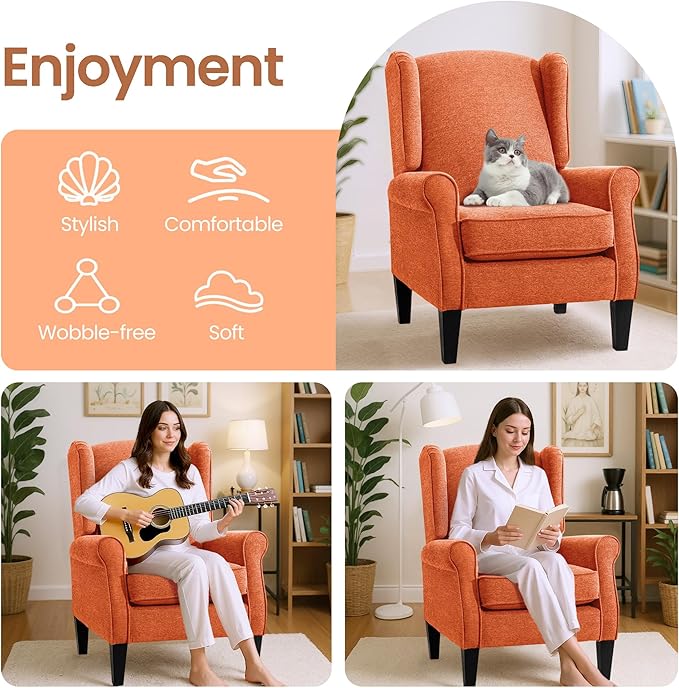 Accent Chair Set of 4, Modern Living Room Chairs with Wingback, Comfy Upholstered High Back Single Sofa for Bedroom, Mid-Century Reading Armchair Sillas para Sala