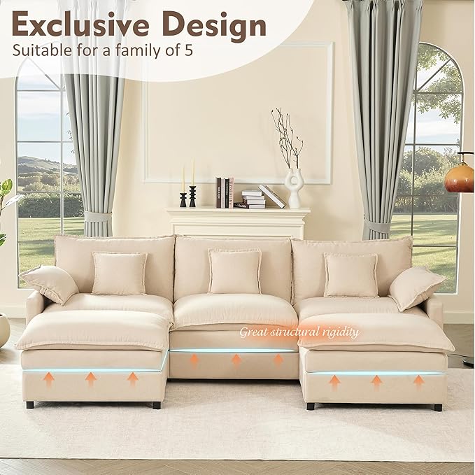 108" U Shaped Couch, Modular Sectional Sofa, 3-Seater Comfy Cloud Couch with Movable Ottoman, Deep Seat Couches for Living Room, Linen, Beige