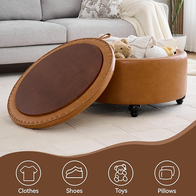 30Inch Round Storage Ottoman with Tray, Modern Tufted Leather Circle Coffee Table with Storage, Upholstered Ottoman with Removable Top for Living Room, Bedroom, Leather Brown