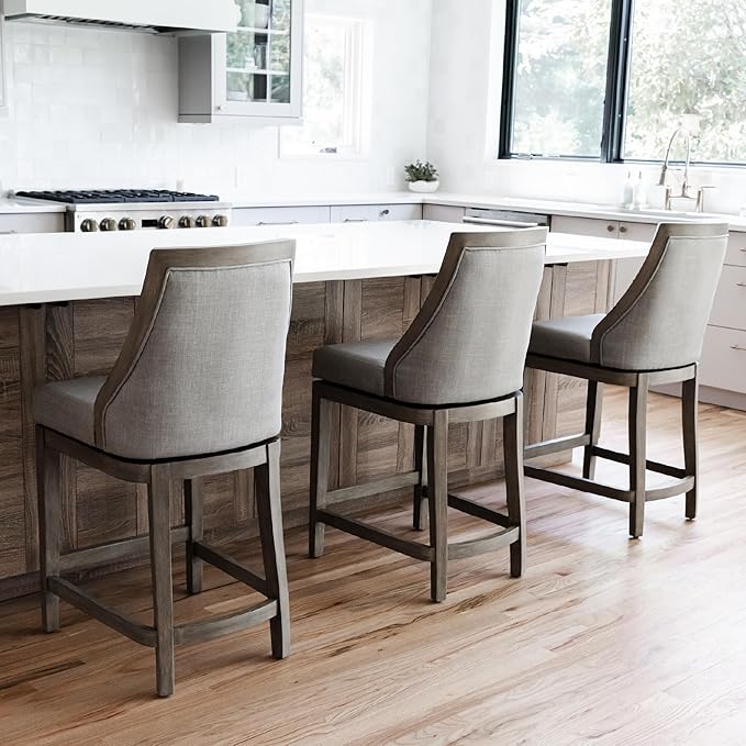 Maven Lane Vienna Counter Stools 26 Inches – Set of 4 – Swivel Stools with Footrests – Grey Solid Wood and Grey Fabric Upholstery – Ideal for Kitchen Islands and Counters