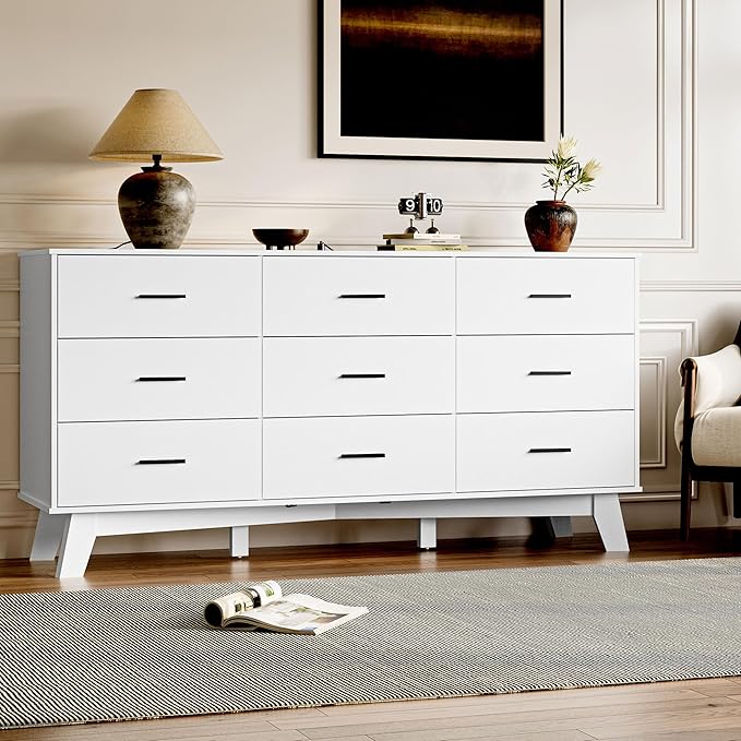 Dresser for Bedroom with 9-Drawer, 59" Wide Modern Chest of Drawers with Metal Handles, X-Shape Base & Adjustable Center Leg, Anti-Tip Closet Organizers and Storage
