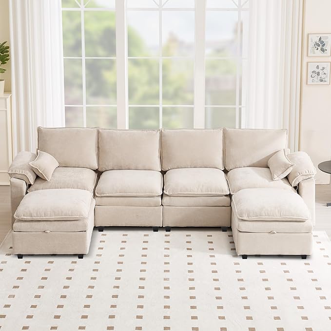 130" U Shaped Modular Sectional Sofa, Couch with Ottoman Storage, Chenille Cloud Couch with Plush Deep Seating for Living Room, Bedroom (9 Seat, Beige)