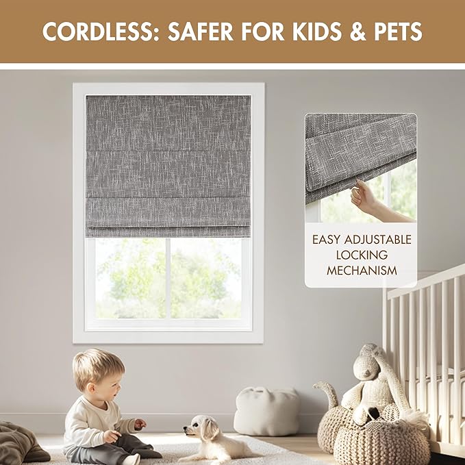 Madison Park Cordless Roman Shades, Total Blackout Window Blind Privacy Window Shades, Thermal Insulated Cordless Window Treatment for Bedroom, Living Room, Quincy, Single Panel 29" W X 64" H Grey