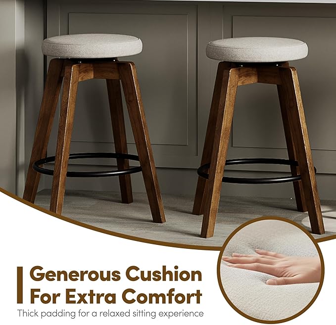 Swivel Premium Solid Wood Counter Stool 25", 360° Rotating Upholstered Cushion, Backless Bar Chair for Island, Pub, Kitchen, Dining Room (Walnut)