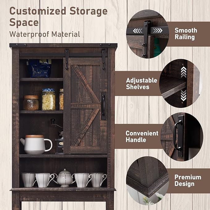 OKD Over The Toilet Storage Cabinet, Farmhouse Storage Cabinet Over Toilet with Sliding Barn Door & Adjustable Shelves, Home Space Saver for Bathroom, Living Room, Dark Rustic Oak