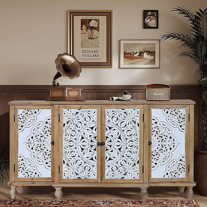 Accent Cabinet with 4 Doors, Hollow Carved Storage Sideboard, Wood Buffet Cabinet for Living Room, Dining Room, Entryway (4-Door 3 Compartment)