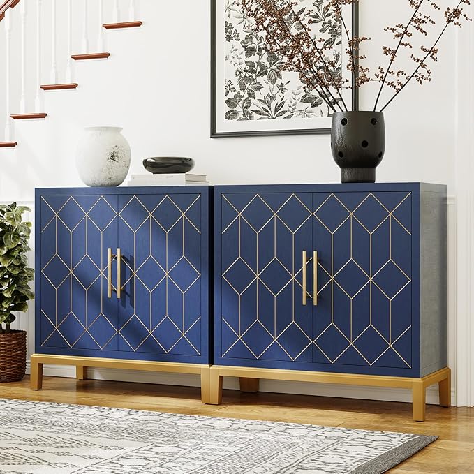 HLR Accent Cabinet with Gold Trim,Storage Cabinet with 2 Doors,Modern Wooden Sideboard for Living Room, Kitchen, Office and Hallway,Blue