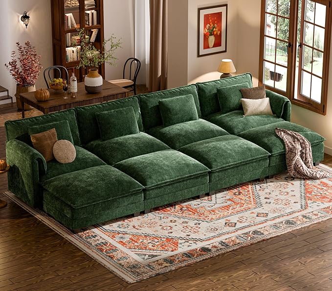 ELUCHANG Oversized 153" Modular Sectional Sofa, Comfy Deep Seat Cloud Couch Sleeper Sofa Bed, 8 Seat Modern Couch with Removable Cover for Living Room, Apartment, DIY Combination, Chenille Olive Green