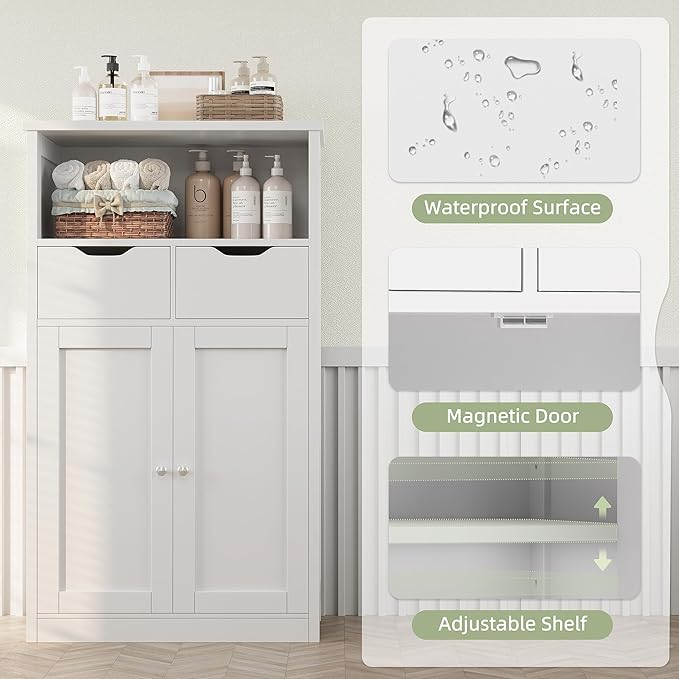 Shintenchi Floor Storage Cabinet, Bathroom Organizer with Doors and Drawers, Freestanding Side Cupboard Pantry with Adjustable Shelf, White