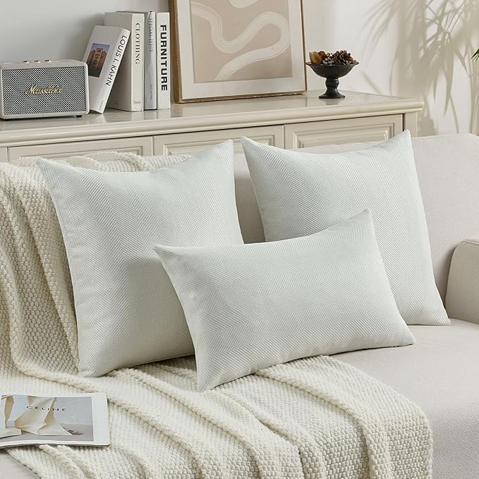 FUTEI Cream White Chenille Throw Pillow Covers 18x18 Inch Set of 2,Soft Wide Chevron Textured Cushion Case,Farmhouse Home Decor for Couch Bed Living Room