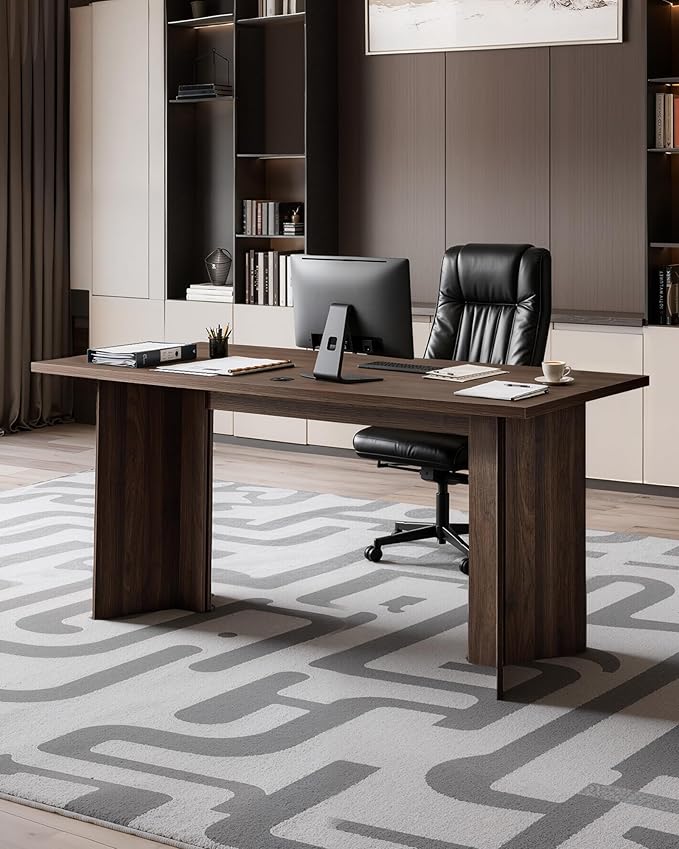 VEVOR 63 in Executive Desk, Large Modern Rectangle Office Table, Heavy Duty Wooden Executive Table with Cable Connection Hole, 250 LBS Load Capacity, Easy Assembly, for Work Study Writing, Walnut