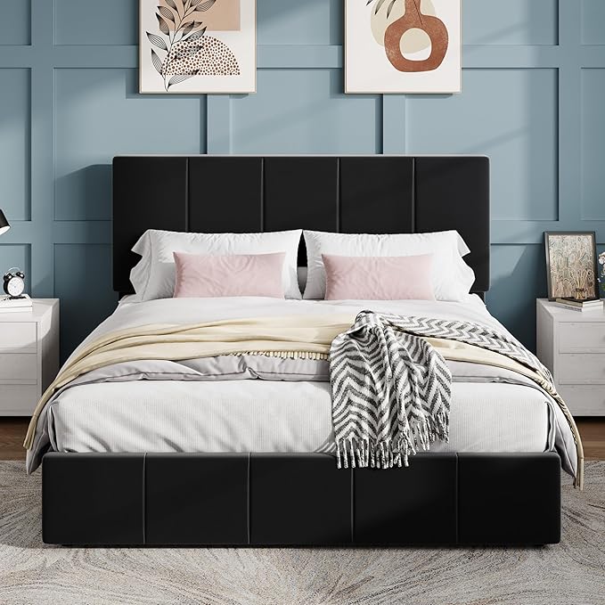 SHA CERLIN Queen Bed Frame, Dutch Velvet Upholstered Platform Bed, Vertical Channel Tufted Adjustable Headboard, Low Profile Bed Frame, No Box Spring Needed, Easy Assembly, Black