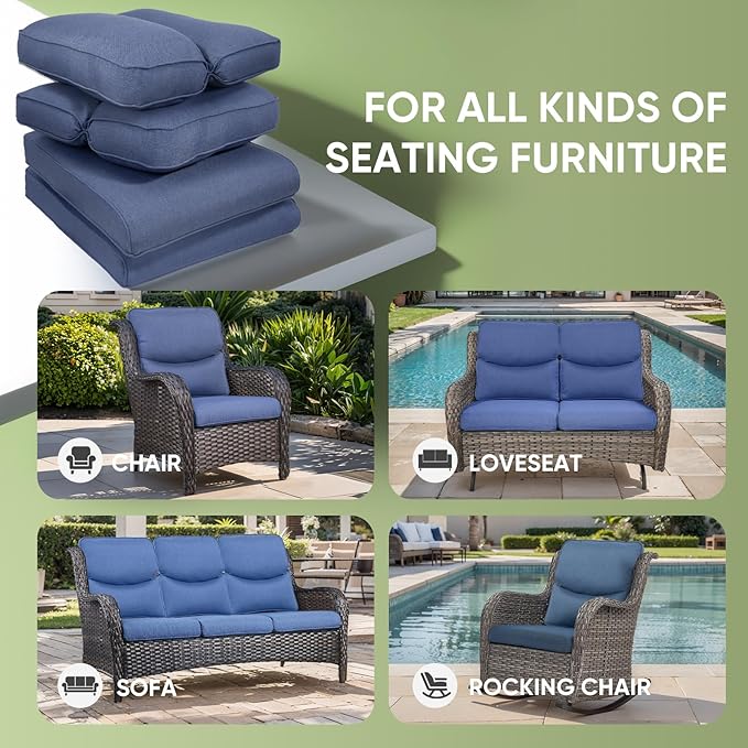Outdoor Chair Cushion Set of 2, Waterproof Outdoor Seat Cushions 25x22, Patio Chair Cushions for Outdoor Furniture, Couch Cushion Replacement, Include 2 Back & 2 Seat Cushions, Smile/Blue