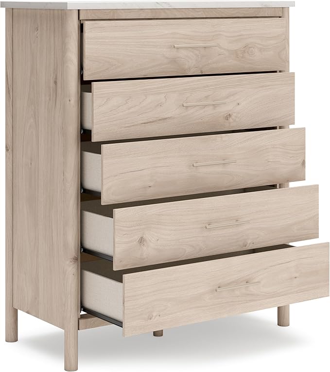 Signature Design by Ashley Cadmori Bohemian 5-Drawer Chest of Drawers with Safety Stop and Post Legs, White & Light Brown